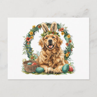 Cartão Postal Happy Easter Golden Retriever Dog Bunny Ears