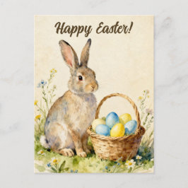 Cartão Postal Happy Easter Vintage Bunny with Egg Basket