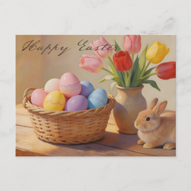 Cartão Postal Happy Easter with Colorful Eggs and Tulips (Frente)