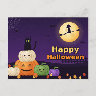Cartão Postal Happy Halloween Black Cat Pumpkins Witch Moon Post