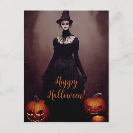 Cartão Postal Happy Halloween with a witch in Gothic dress.