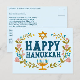 Cartão Postal HAPPY HANUKKAH Floral Wreath Menorah Texto persona