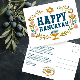 Cartão Postal HAPPY HANUKKAH Floral Wreath Menorah Texto persona