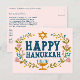 Cartão Postal HAPPY HANUKKAH Floral Wreath Menorah Texto persona