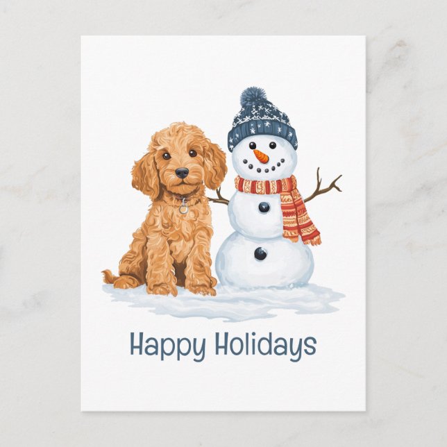 Cartão Postal Happy Holidays Winter Goldendoodle Dog Snowman (Frente)