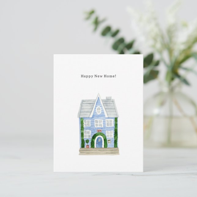 Cartão Postal Happy New Home Quote Blue House Illustration Card (Em pé/Frente)
