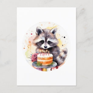 Cartão Postal Happy Raccoon com bolo de aniversário