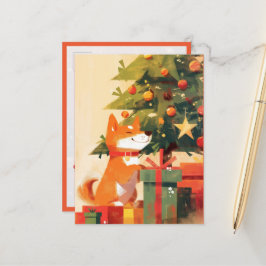Cartão Postal Happy Shiba Inu beside Christmas Tree and Gifts