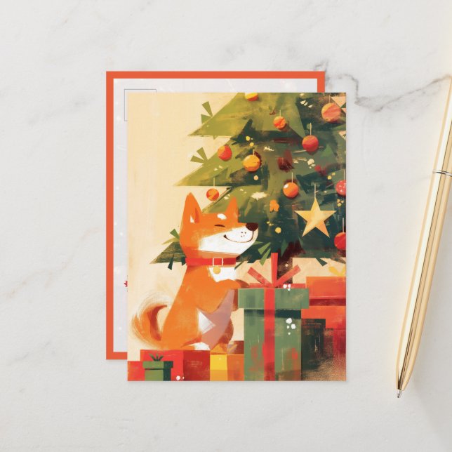 Cartão Postal Happy Shiba Inu beside Christmas Tree and Gifts (Frente/Verso In Situ)