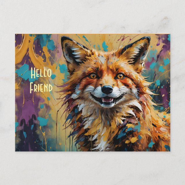 Cartão Postal Happy Smiling Fox - Hello Friend paint splatter (Frente)