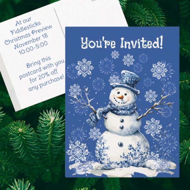 Cartão Postal Happy Snowman Snowflakes Blue White Business (Personalized Business Post card. Bring customers to your store!)