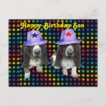 Cartão postal Happy Son Basset<br><div class="desc">Cartaz Feliz Aniversário Filho - 2 cabeceiras de estrelas vestindo chapéus com estrelas</div>