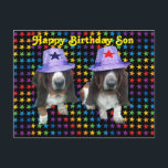 Cartão postal Happy Son Basset<br><div class="desc">Cartaz Feliz Aniversário Filho - 2 cabeceiras de estrelas vestindo chapéus com estrelas</div>