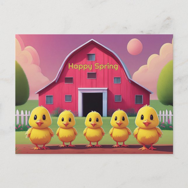 Cartão Postal Happy Spring Five Yellow Chicks in Barnyard (Frente)