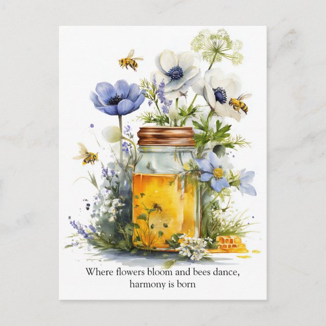 Cartão Postal Harmonia Dourada Mel, Flores e Abelhas (Frente)