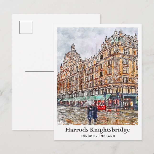 Cartão Postal Harrods Knightsbridge London Viagem Watercolor (Frente/Verso)