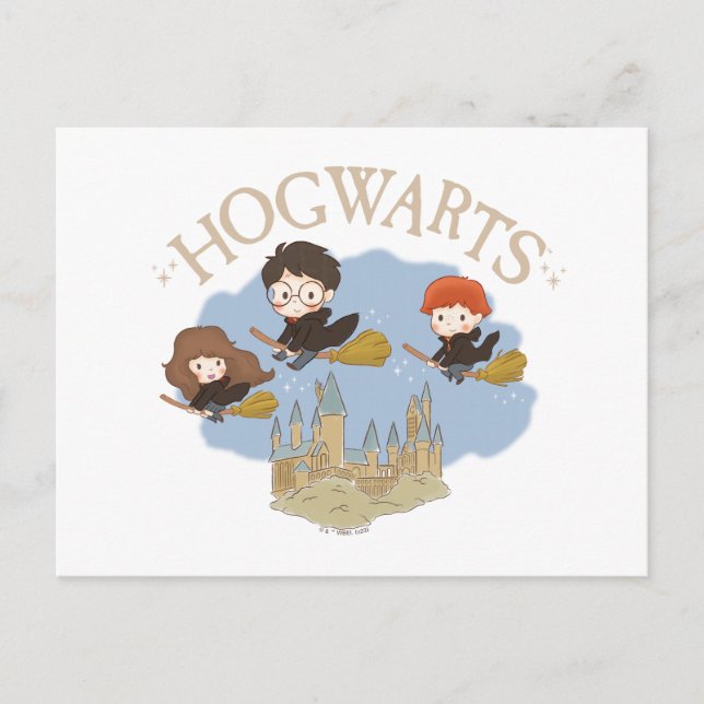 Cartão Postal HARRY POTTER™, Hermione & Ron sobrevoam HOGWARTS™ (Frente)