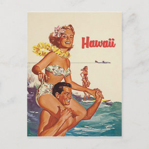 Cartão Postal Havaí, casal de surfe feliz, viagens vintage