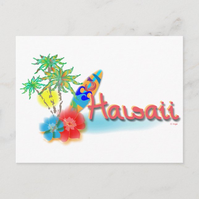 Cartão Postal Havaí com Palmas, Flores e Surfboard (Frente)