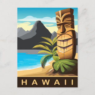 Cartão Postal Havaí, estátua de Tiki na praia, Viagem