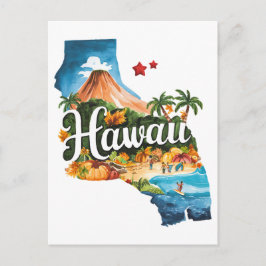 Cartão Postal Havai EUA Estado Formato Aquarela Vintage
