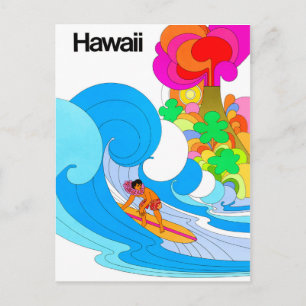 Cartão Postal Havaí, surfando em grande onda, ilustração dos ano