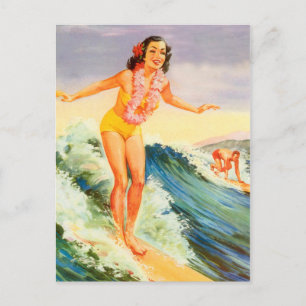 Cartão Postal Havaí, surfista havaiana em uma grande onda, vint
