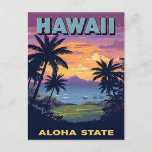 Cartão Postal Hawaii Estado Aloha Vintage Pôr do Sol Palmeiras