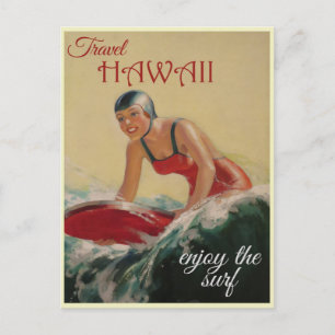 Cartão Postal Hawaii Vintage Surfer Woman Viagem
