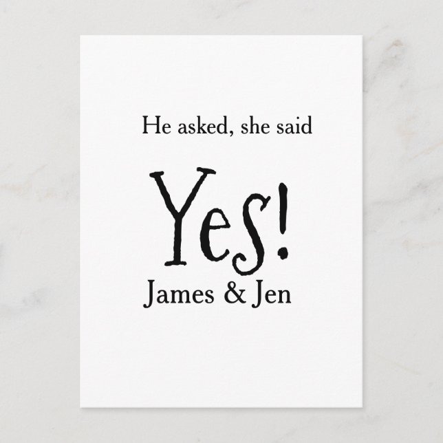 Cartão Postal He asked she said yes engagement party name simple (Frente)