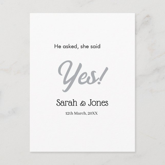 Cartão Postal He asked she said yes engagement simple silver dat (Frente)
