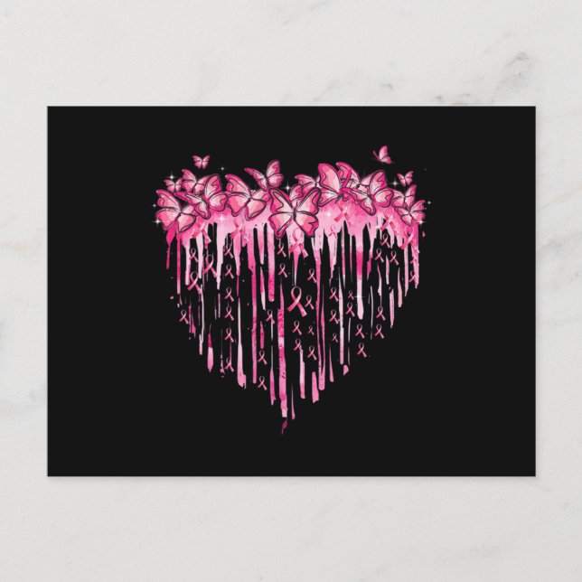 Cartão Postal Heart Pink Ribbon Butterflies Breast Cancer Awaren (Frente)