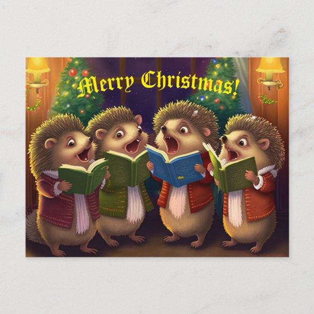 Cartão Postal Hedgehog Choir Cantando Caróis de Natal (Frente)