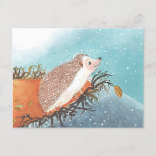 Cartão Postal Hedgehog e primeiros flocos de neve