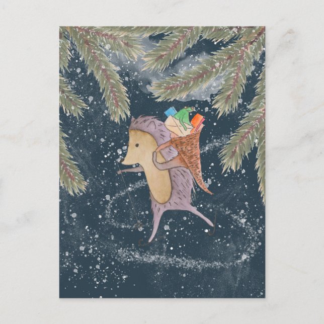 Cartão Postal Hedgehog em esquis. Cesta com presente no ombro (Frente)