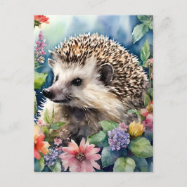 Cartão Postal Hedgehog Floral Watercolor