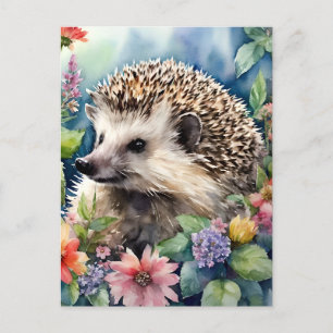 Cartão Postal Hedgehog Floral Watercolor