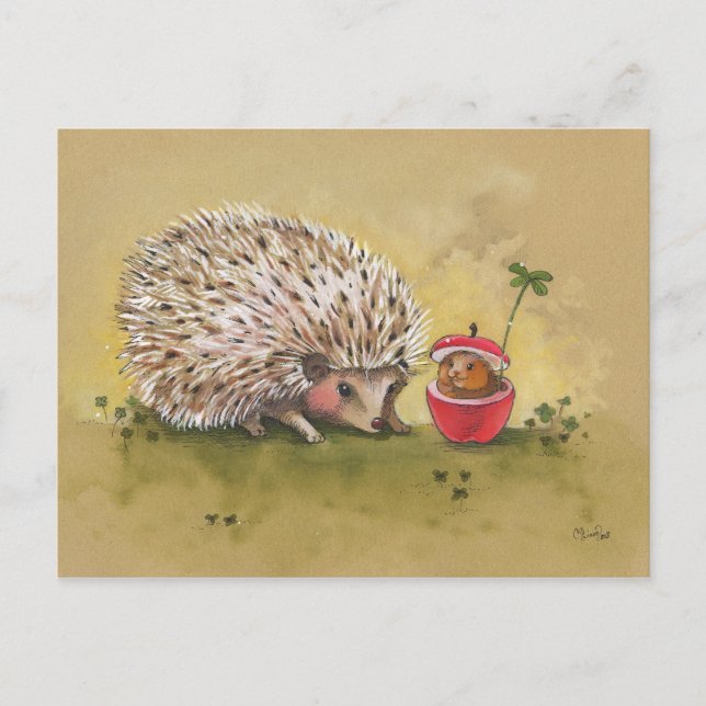 Cartão Postal Hedgehog Lucky Clover Tarde (Frente)