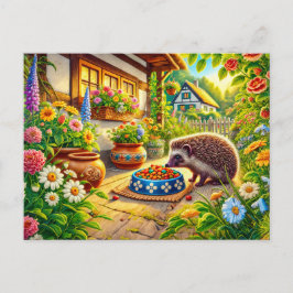 Cartão Postal Hedgehog na Comida de Cat em Terrace
