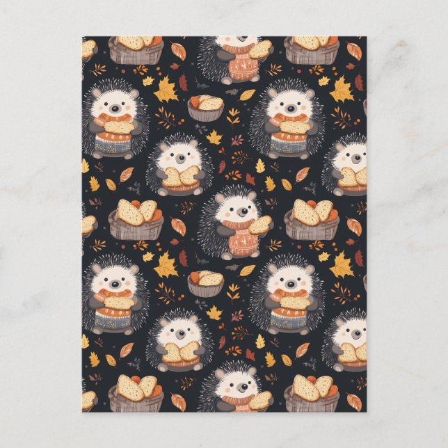 Cartão Postal Hedgehogs bonitos com Folhas de Pão e Outono (Frente)
