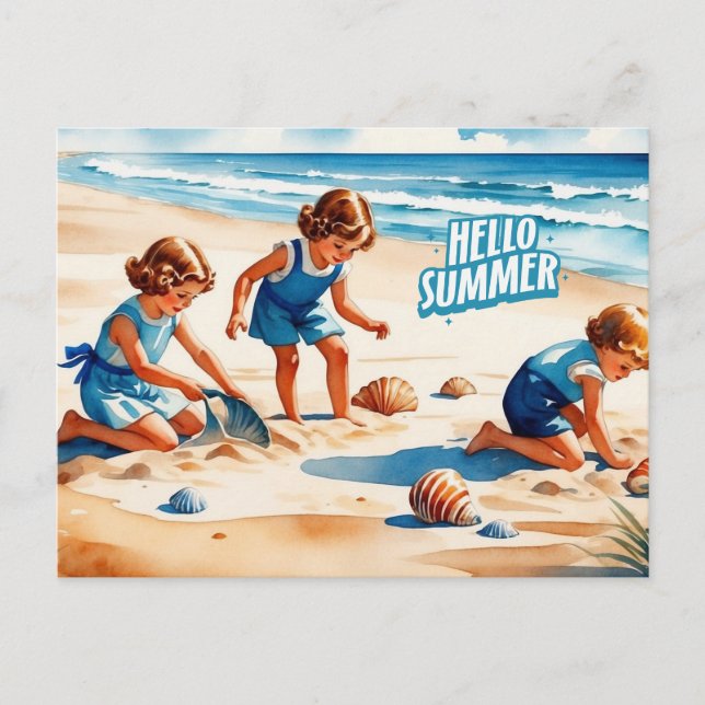 Cartão Postal Hello Summer Retro Children brincando em uma praia (Frente)
