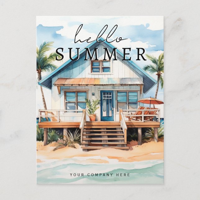 Cartão Postal Hello Summer Watercolor Beach House Realty (Frente)