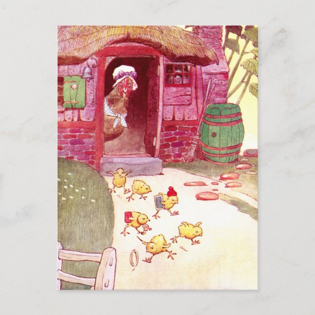 Cartão Postal Hen em Casa Rosa Observando Pintinhos (Frente)