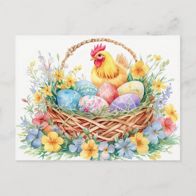 Cartão Postal Hen stands beside an Easter nest filled with eggs (Frente)
