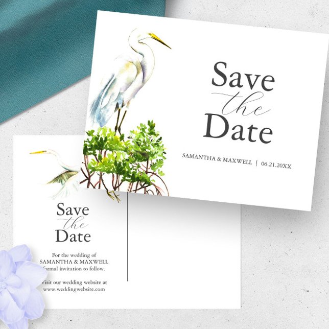 Cartão Postal Herão Branco do excelente Salve a Data (Save the date postcards destination weddings Florida watercolor heron and mangroves Do Tell A Belle)