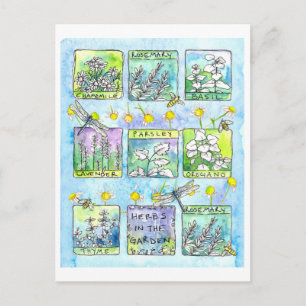 Cartão Postal Herbs Garden Dragonflies Mel Abelhas Aquarela
