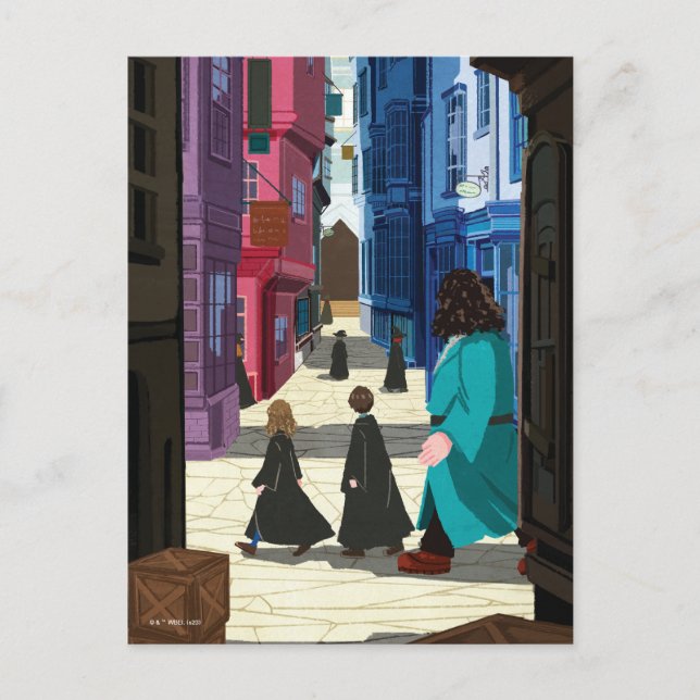 Cartão Postal Hermione, HARRY POTTER™, & Hagrid na Diagon Alley (Frente)
