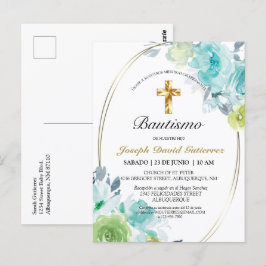 CARTÃO POSTAL HERMOSO BAUTIZO BEBÉ CRUZADO DE ORO FLORAL AZUL
