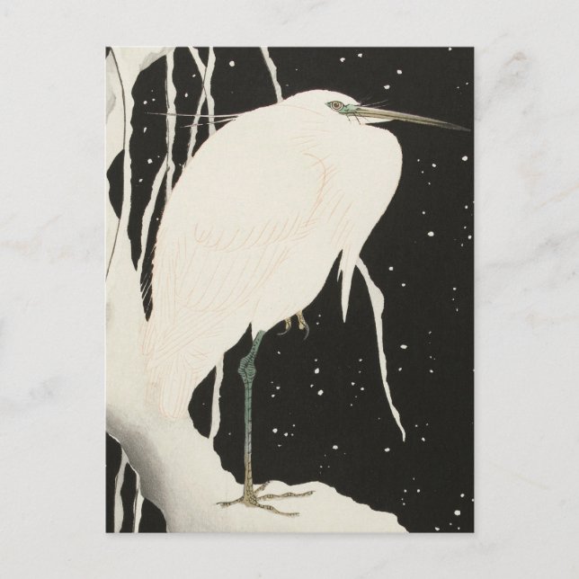 Cartão Postal Heron na pintura de neve por Ohara Koson (Frente)
