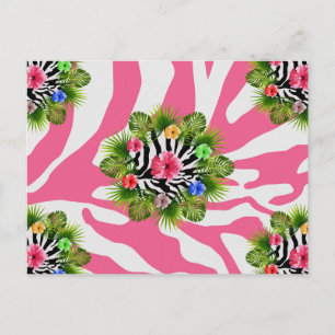 Cartão Postal hibisco tropical e tiras de zebra rosa exótica